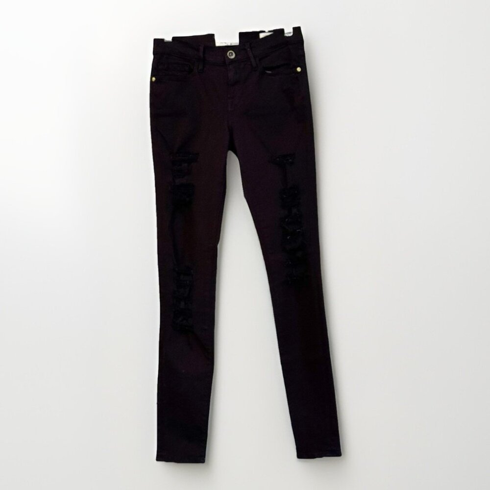 FRAME Le Skinny de Jeanne Black Distressed Skinny Jeans 26 Mid Rise 30” Inseam